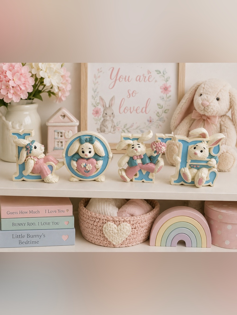 Vintage Homco Bunny LOVE Letter Figurines Set of 4 Pastel Resin Decor Spring